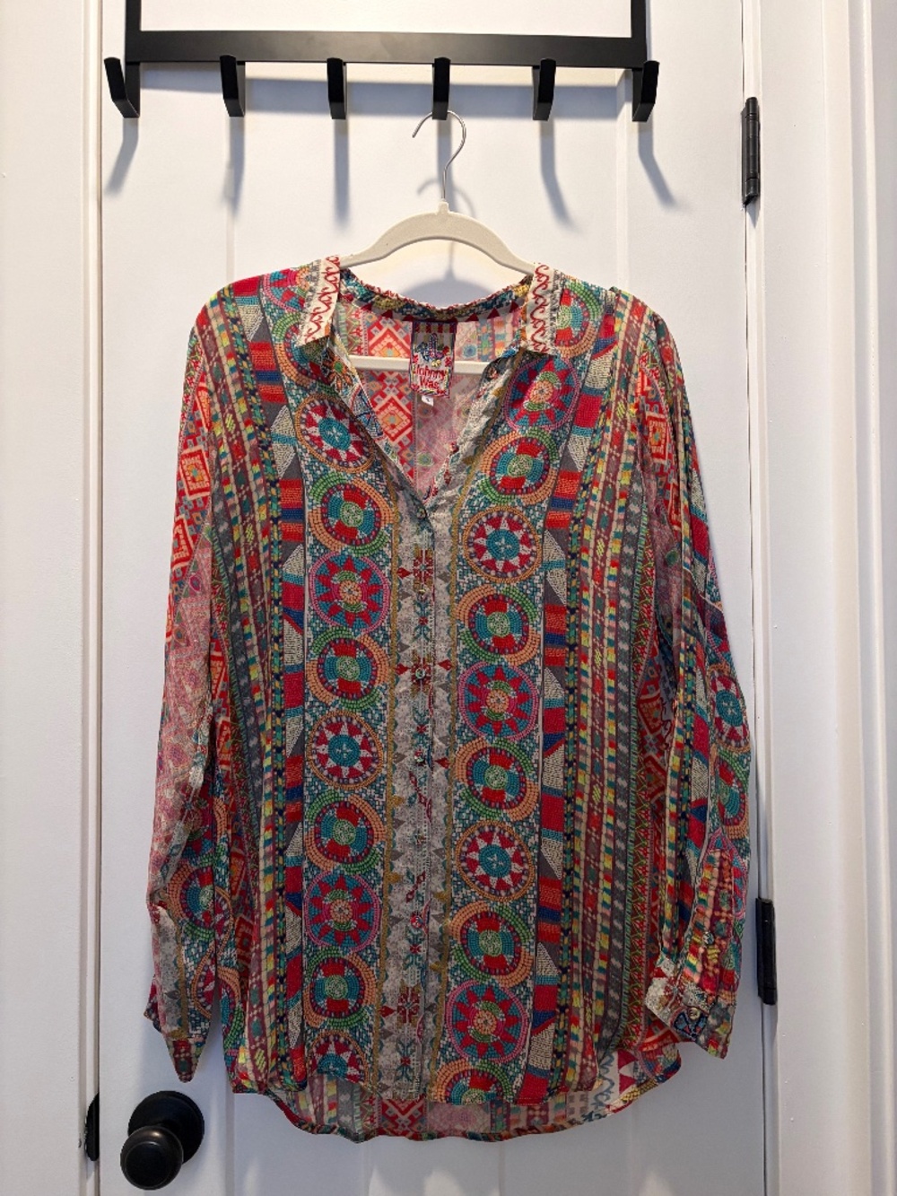 Johnny Was Rosetto Multi Mosaic Boho Button Down Shirt Size S